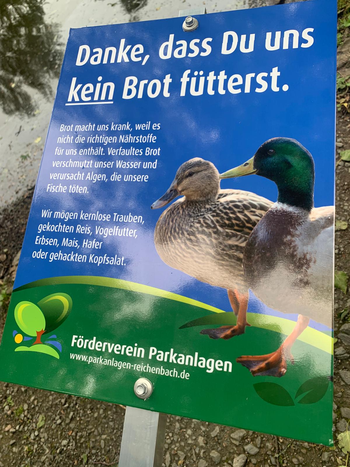 Neue Hinweisschild zum Enten füttern im Stadtpark Reichenbach